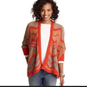 LOFT Chevron Knit Poncho in Red/ Orange and Taupe